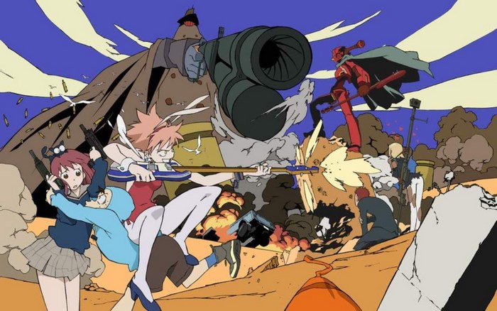 FLCL: Haruko, Naota, and Mamimi in battle