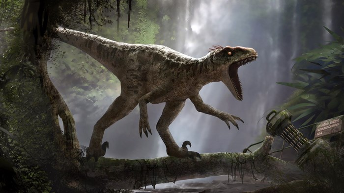 Velociraptor in a jungle with a waterfall