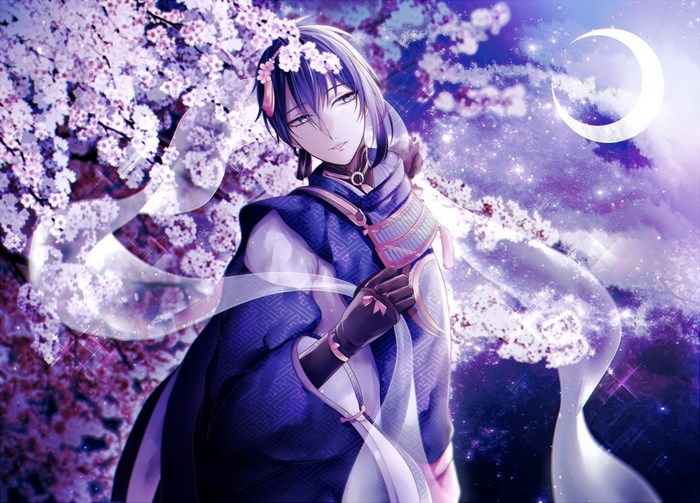 Man in blue kimono with cherry blossoms and moon