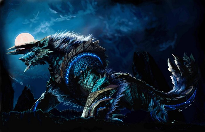 Monster Hunter creature under a full moon