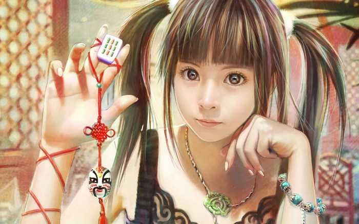 Girl with Mahjong tile and Chinese mask charm