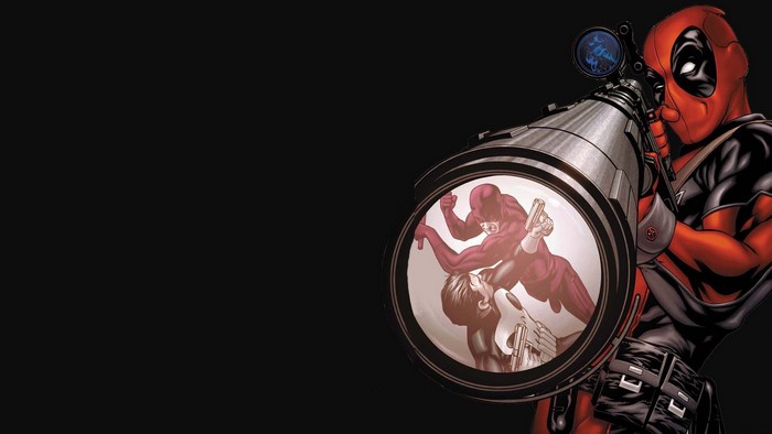 Deadpool aiming a large weapon at Daredevil and Punisher