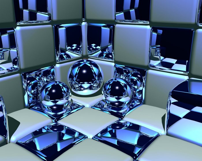 Reflective spheres and cubes in a checkered environment