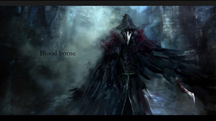 Bloodborne character with scythe in foggy street