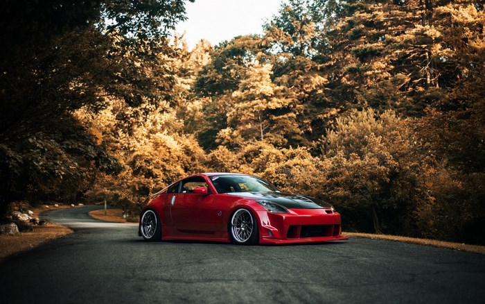 Red Nissan 350Z on Autumn Forest Road