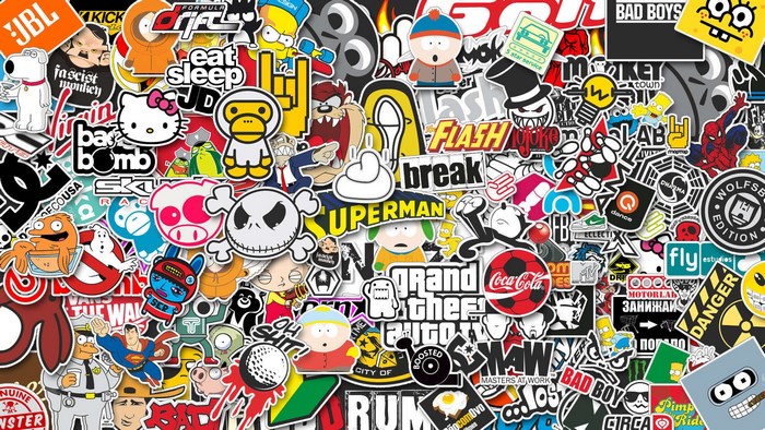 Colorful Sticker Bomb Collage with Pop Culture Icons