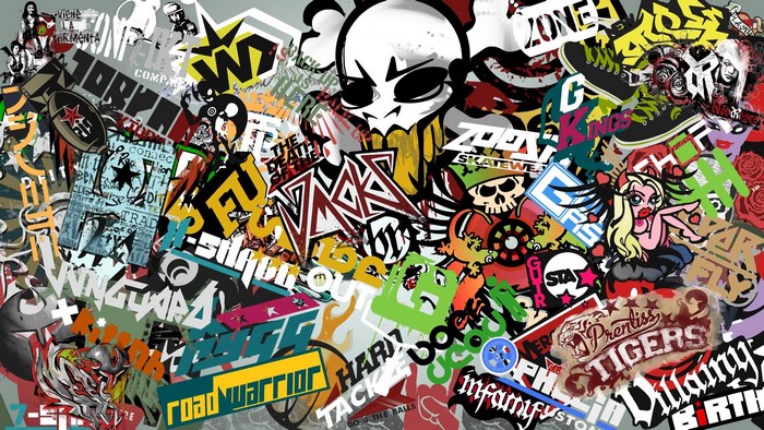 Sticker Bomb Collage with Skulls and Cartoon Characters