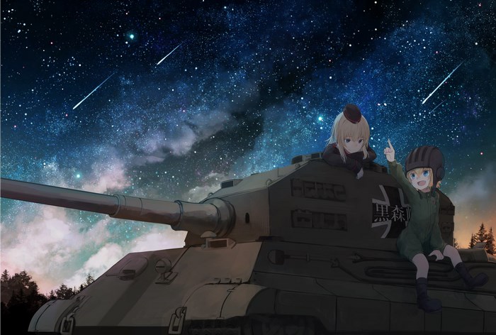 Girls und Panzer characters on a tank under a starry sky