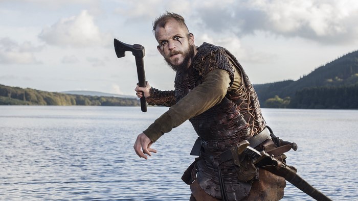 Bjorn Ironside from Vikings holding an axe