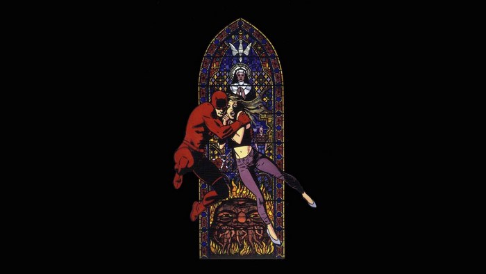 Daredevil and Elektra in a stained glass window