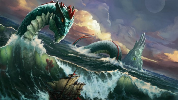Sea monster attacking a ship near a strange structure