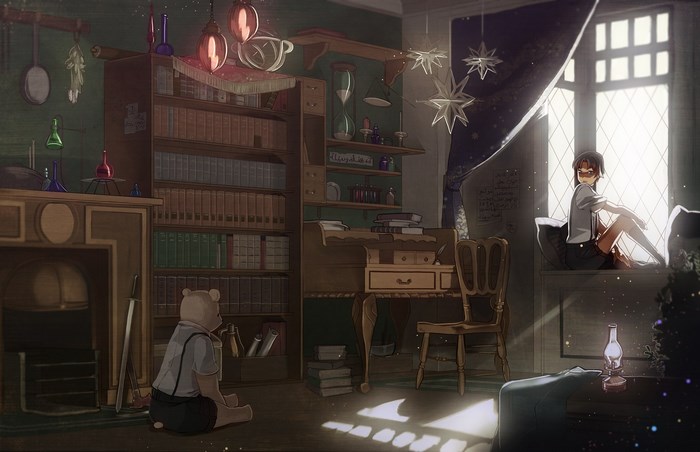 Anime room with books, desk, and window
