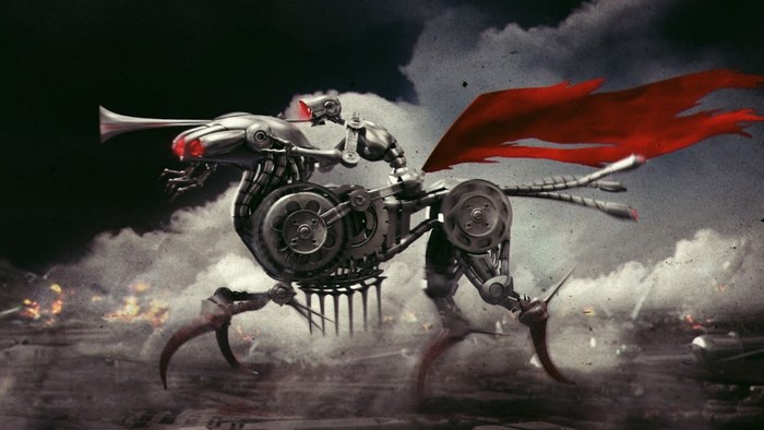 Mechanical horse with red cape in battle