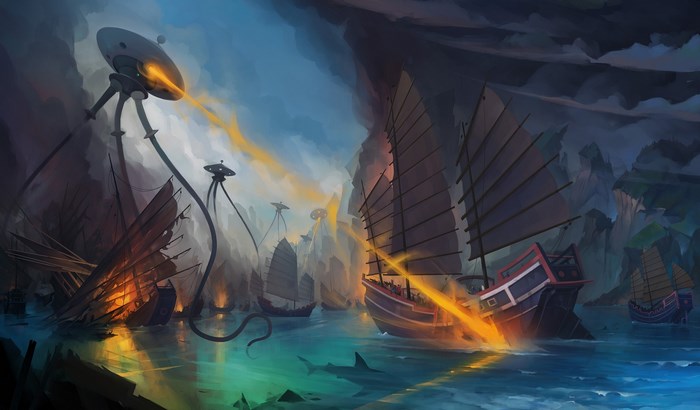 War of the Worlds Tripods attacking ships