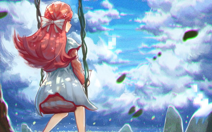 Girl on a swing in the clouds