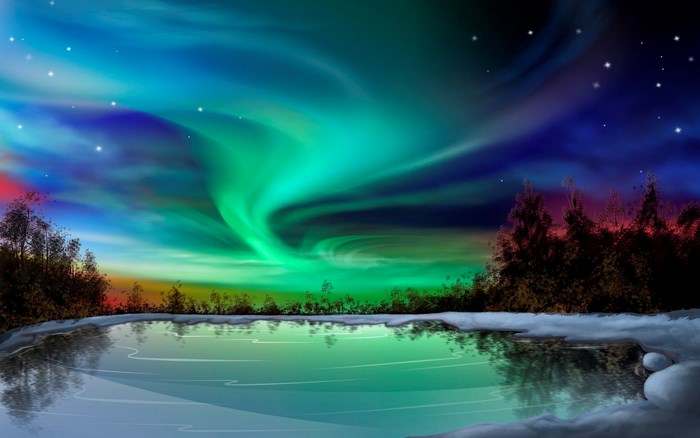 Aurora Borealis over a tranquil lake