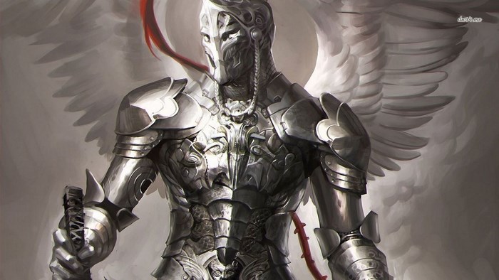 Angel warrior in ornate armor with wings
