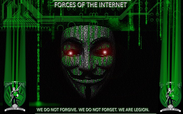 Anonymous mask with 'Forces of the Internet' text