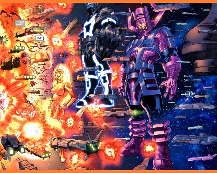 Galactus and other cosmic beings in space battle