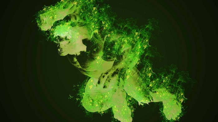 The Hulk engulfed in green flames