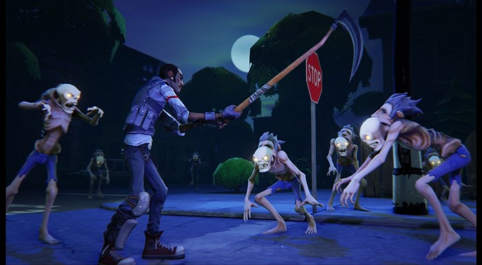 Fortnite character fighting zombies with a scythe