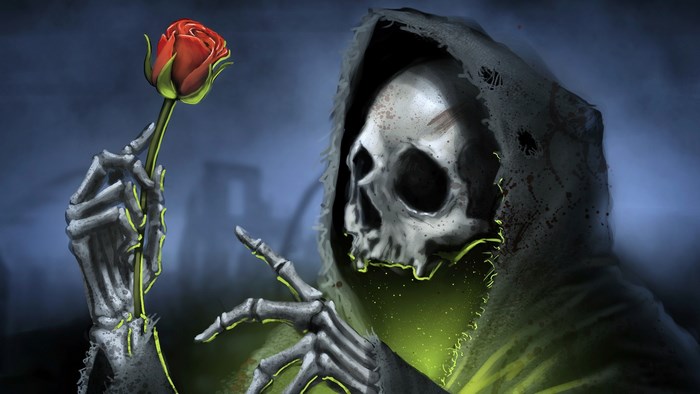 Grim Reaper holding a red rose