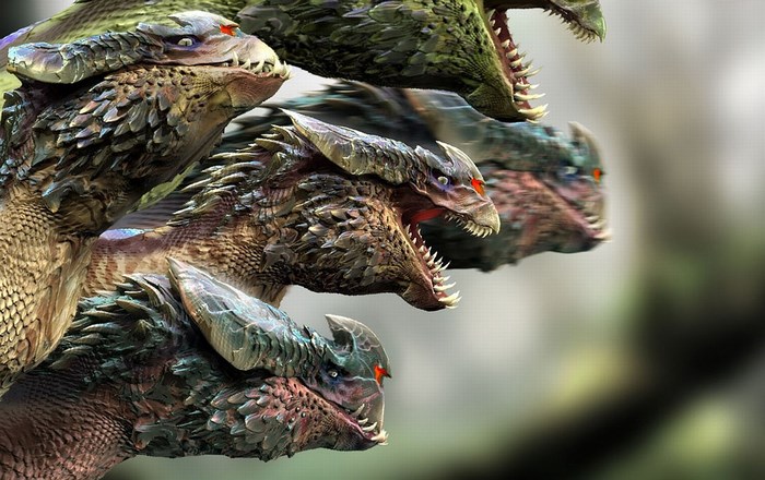 Multiple hydra heads with sharp teeth and red eyes