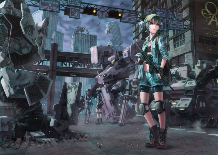 Girl with rifle and mechs in Armored Core Touhou Project
