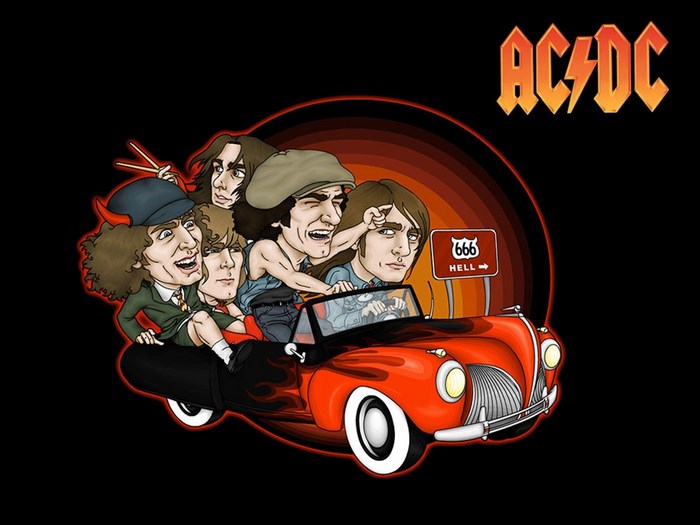 AC/DC Band in Cartoon Style Driving Red Car