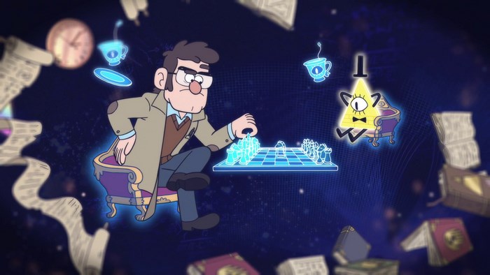 Stanford Pines and Bill Cipher playing chess from Gravity Falls