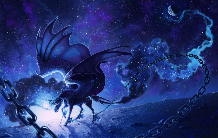 Mystical Pegasus with Chains Under Starry Sky