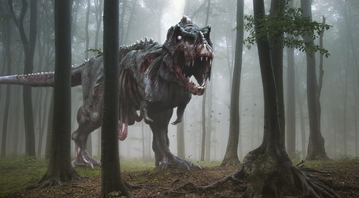 Zombie Tyrannosaurus Rex in a foggy forest