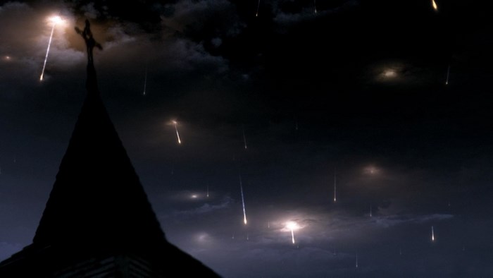 Supernatural church steeple with meteor shower