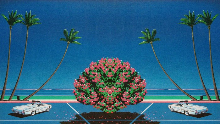 Vaporwave scene with palm trees and convertible cars