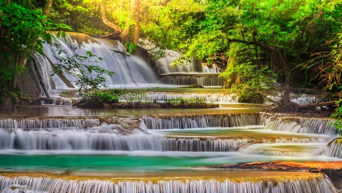 Tiered waterfall in a lush green forest