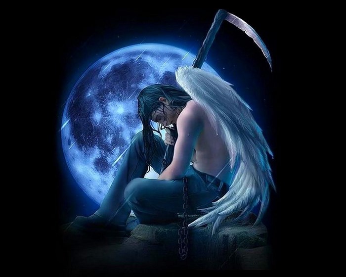 Angel warrior with scythe and moon