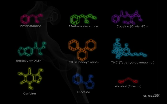 Chemical structures of various drugs and stimulants