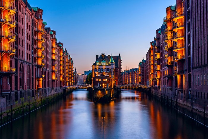 Speicherstadt Hamburg at dusk