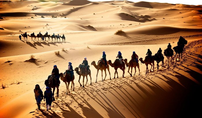 Camel caravan crossing desert dunes at sunset