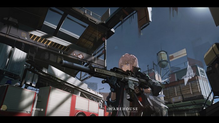 Girl with sniper rifle in a warehouse district