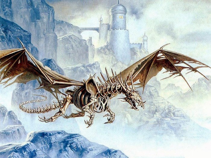 Skeleton dragon flying over mountains near a castle