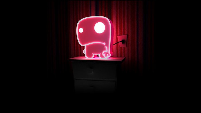 Pink neon character lamp on nightstand