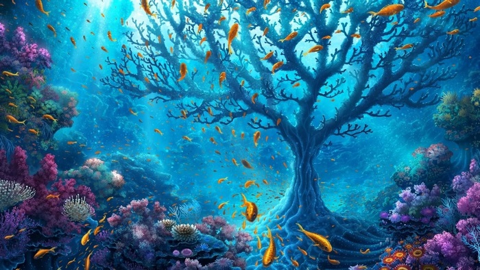 Mystical Underwater Glowing Coral Tree Scene