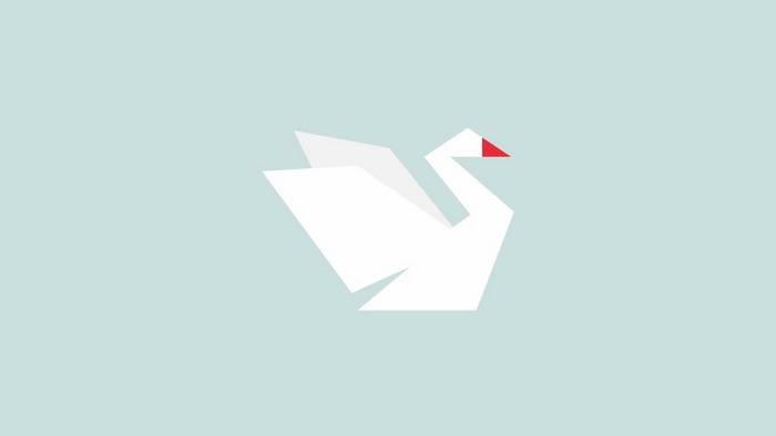 Origami swan logo on light blue background