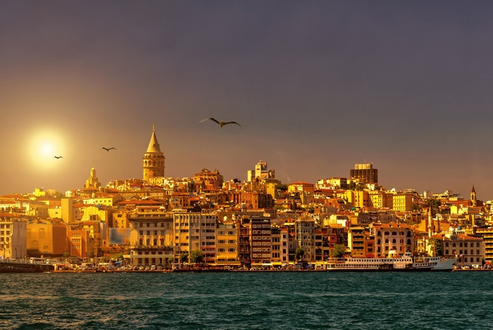 Istanbul skyline with Galata Tower at sunset