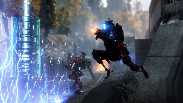 Titanfall 2 robots fighting near a power conduit