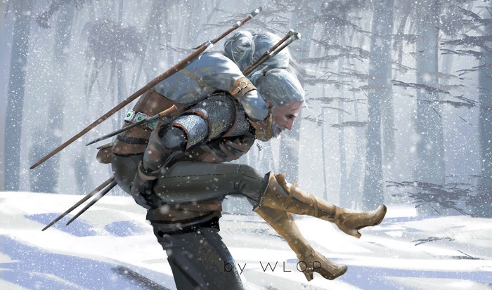 Geralt carrying Ciri through a snowy forest in The Witcher 3