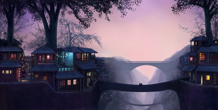 Fantasy village with bridges and mountains 4K