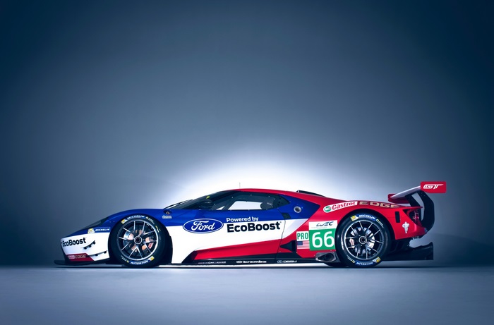 Ford GT race car with "Powered by EcoBoost" livery