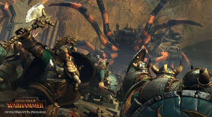Total War Warhammer 4K Dwarves fighting giant spider
